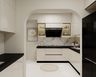 Modern L-Shaped Kitchen Design with White Glossy Cabinets and Granite Countertop