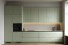 Modern Sage Green Straight Kitchen Design with Quartz Countertops