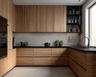 Wood Finish Modern U-Shaped Kitchen Design with Handleless Cabinets