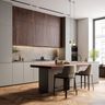 Grey and Walnut Modern Island Kitchen Design with Quartz Countertops