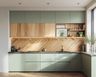 Sage Green Scandinavian L-Shaped Kitchen Design with Wooden Backsplash
