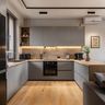 Grey and Acacia Contemporary U-Shaped Kitchen Design with Wood Countertops