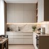 Minimal Grey L-Shaped Kitchen Design with Quartz Countertop and Open Shelves