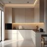 Grey L-Shaped Minimal Kitchen Design With Marble Backsplash Mirrors