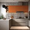 Grey and Orange Modern Eclectic U-Shaped Kitchen Design with Quartz Top