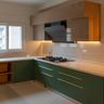 Contemporary Green and Beige U-Shaped Kitchen Design with Quartz Countertop