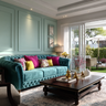 Classic Living Room Design with Teal Chesterfield Sofa and Teak Table