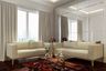 Contemporary Living Room Design with Glass Coffee Table and Beige Sofas