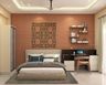 Contemporary Master Bedroom Design with Integrated Study Desk and Patterned Headboard Wall