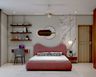 Contemporary Master Bedroom Design with Curved Pink Bed and Study Desk