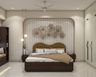 Contemporary Master Bedroom Design with Striped Feature Wall and Mustard Headboard Bed