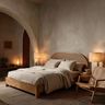 Mediterranean Master Bedroom Design with Cane Headboard and Wooden Furniture