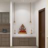 Walnut Contemporary Floor Mounted Pooja Design with Marble Top Shrine