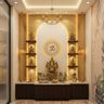 Contemporary Pooja Room Design with Storage and Arched Backdrop