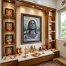 Contemporary Walnut Bronze Pooja Room Design with Storage and Wooden Shelves