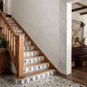 Traditional Straight Staircase Design with Wood and Tile Accents