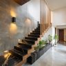 Modern Straight Staircase Design with Wood Steps and Marble Finish