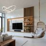 White Walnut Modern TV Unit Design with Floating Storage and Panel Backdrop