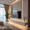 White Contemporary TV Unit Design with Floating Storage Console