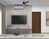 Modern Walnut TV Unit Design with Floating Console Storage in Suede Finish