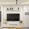 Modern White TV Unit Design with Floating Shelf and Drawer Storage