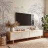 Scandinavian Oak White TV Unit Design with Wooden Texture Drawer Storage