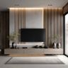 Modern Walnut TV Unit Design With Floating Drawer Storage and Wood Panel Backdrop