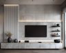 Mellow Oak Contemporary TV Unit Design with Slatted Panel and Matte Finish