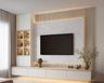 White and Acacia Contemporary TV Unit Design with Marble Backdrop