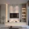 Champagne and Acacia Modern TV Unit Design With Marble Backlit Panel