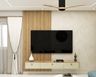 Contemporary TV Unit Design with Floating Cabinet and Wooden Slats