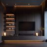 Walnut Contemporary TV Unit Design with Slats and Display Shelves