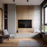 Minimal Grey TV Unit Design with Warm Wood Backdrop and Open Shelf Storage