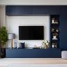 Blue Modern TV Unit Design with Display Shelves and Full Width Storage