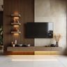 Walnut Bronze Minimal TV Unit Design with Slat Wall and Floating Console Storage