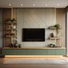 Sage Green Contemporary TV Unit Design with Slats and Minimal