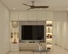White and Beige Contemporary TV Unit Design with Tall Storage and Loft Cabinets