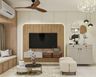 Contemporary White TV Unit Design with Acacia Wood Panel and Curved Alcove