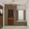 4-Door Modern Wardrobe Design with Seating and Illuminated Display Storage
