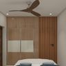 White and Teak Modern Sliding Wardrobe Design with Frosted Panels and Wood Finish