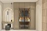 Modern Beige 4-Door PU Finish Swing Wardrobe Design with Glass Front Display