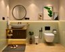 Bathroom Design with Round Mirror and Backlit Ledge