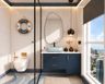 Bathroom Design with Wave Mosaic Floor and Pebble Mirror