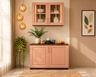 Crockery Unit Design with Pink Shutters and Wood Counter