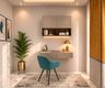 Cream Home Office Design with Floating Desk and Wall Cabinet