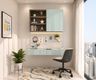 Blue Home Office Design with Pegboard Wall and Swivel Chair