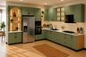 L-Shaped Kitchen Design with Arched Pooja Niche