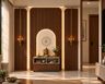 Floor Mounted Pooja Unit Design with Backlit Om Arch and Lamps