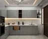 Grey-Themed Kitchen Design With Breakfast Counter - Livspace