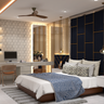 Master Bedroom Design With Dark Blue Backdrop - Livspace